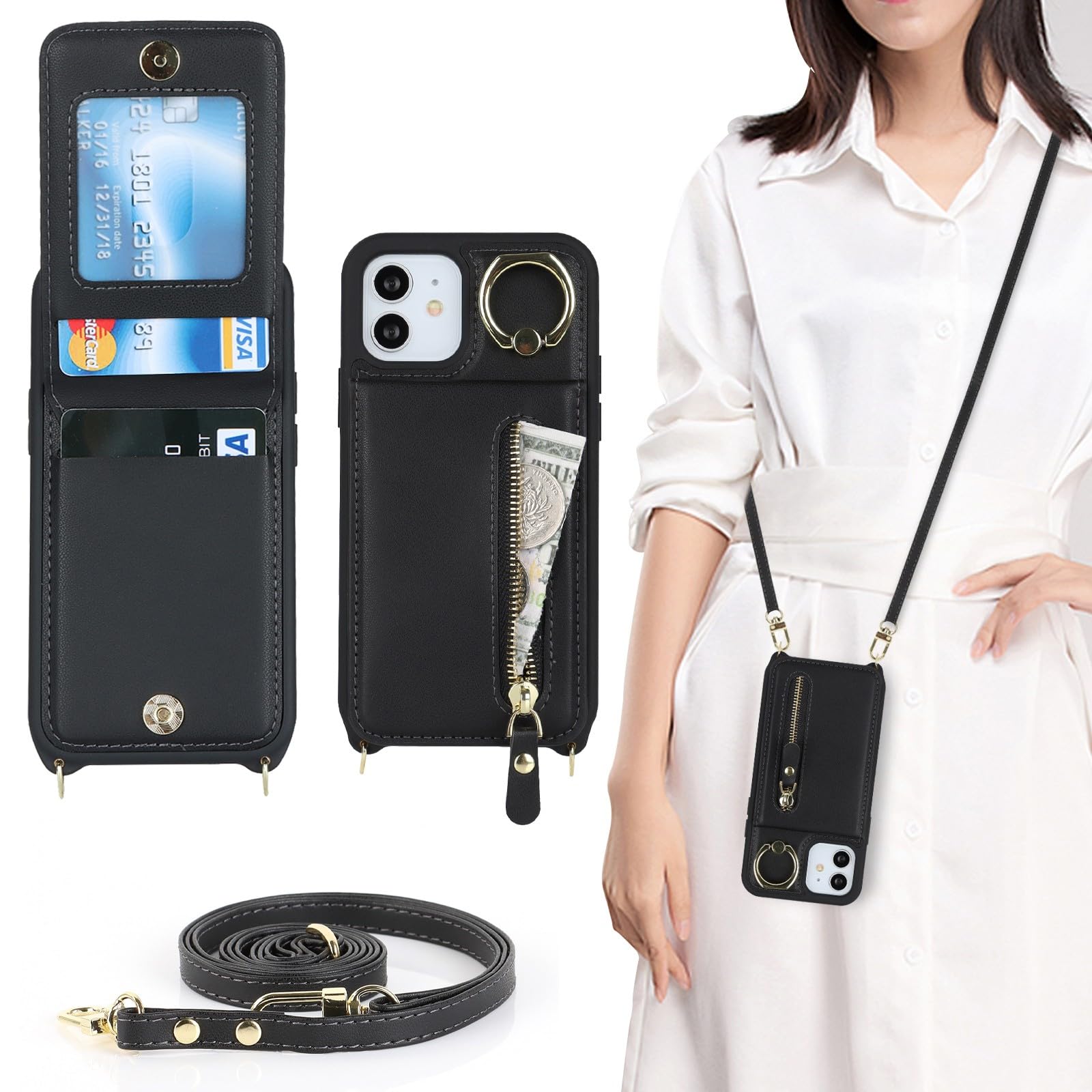 Zouzt for iPhone 12 Mini Case with Cord and Card Holde, Zipper Wallet Case with Crossbody Lanyard Ring Adjustable Necklace Protective Cover Women for iPhone 12 Mini 5.4 Inch - Black