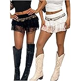 WDIRARA Women's 2 Pack Lace Layered Ruffle Mini Skirt Low Rise A Line Skirts