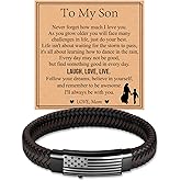 KLIFOWDY Leather Bracelet for Men American Flag Mens Leather Bracelet with Card Adjustable Leather Cuff Bracelets for Men Jewelry Gifts for Dad Son Brother Man Husband Boyfriend
