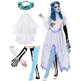 Hercicy 6 Pcs Halloween Zombie Bride Costume Accessories for Women | Blue Floral Rose Hair Wreath Veil with Comb Skeleton Gloves Bridal Gloves Skeleton Thigh High Socks for Halloween Cosplay