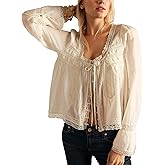 Womens Lace Shirts Long Sleeve Button Up Chiffon Cardigan Tie Front Flowy Beach Vacation Bohemian Y2k Clothes Tops