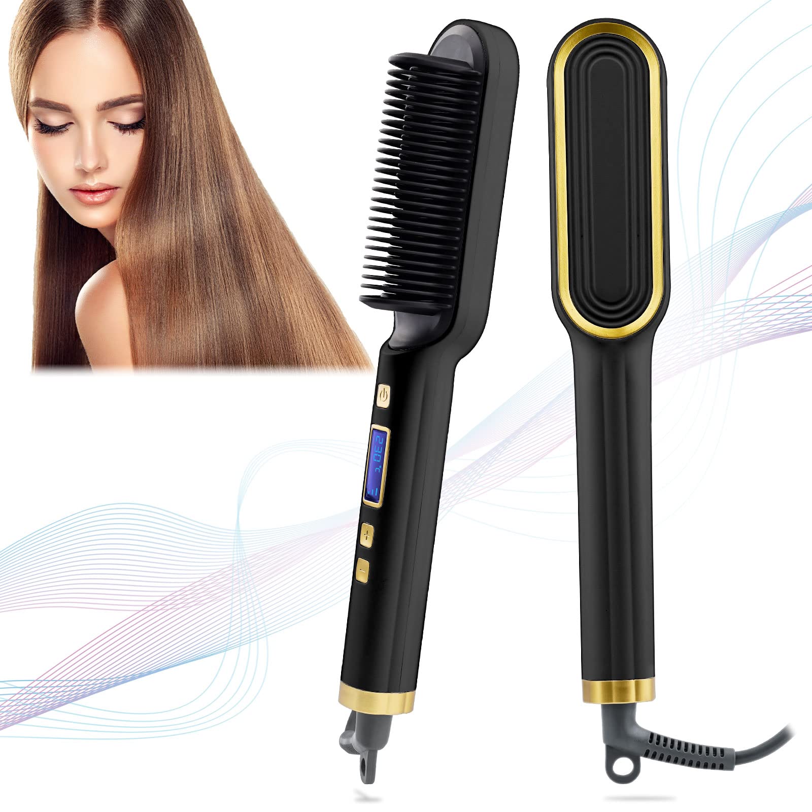 Hair Straightener Brush, Hair Straighteners for Women, Hot Brush for Women, Adjustable Temperature & Anti-Scald, Girl's Gift, Hair Tools for Styling (Black)
