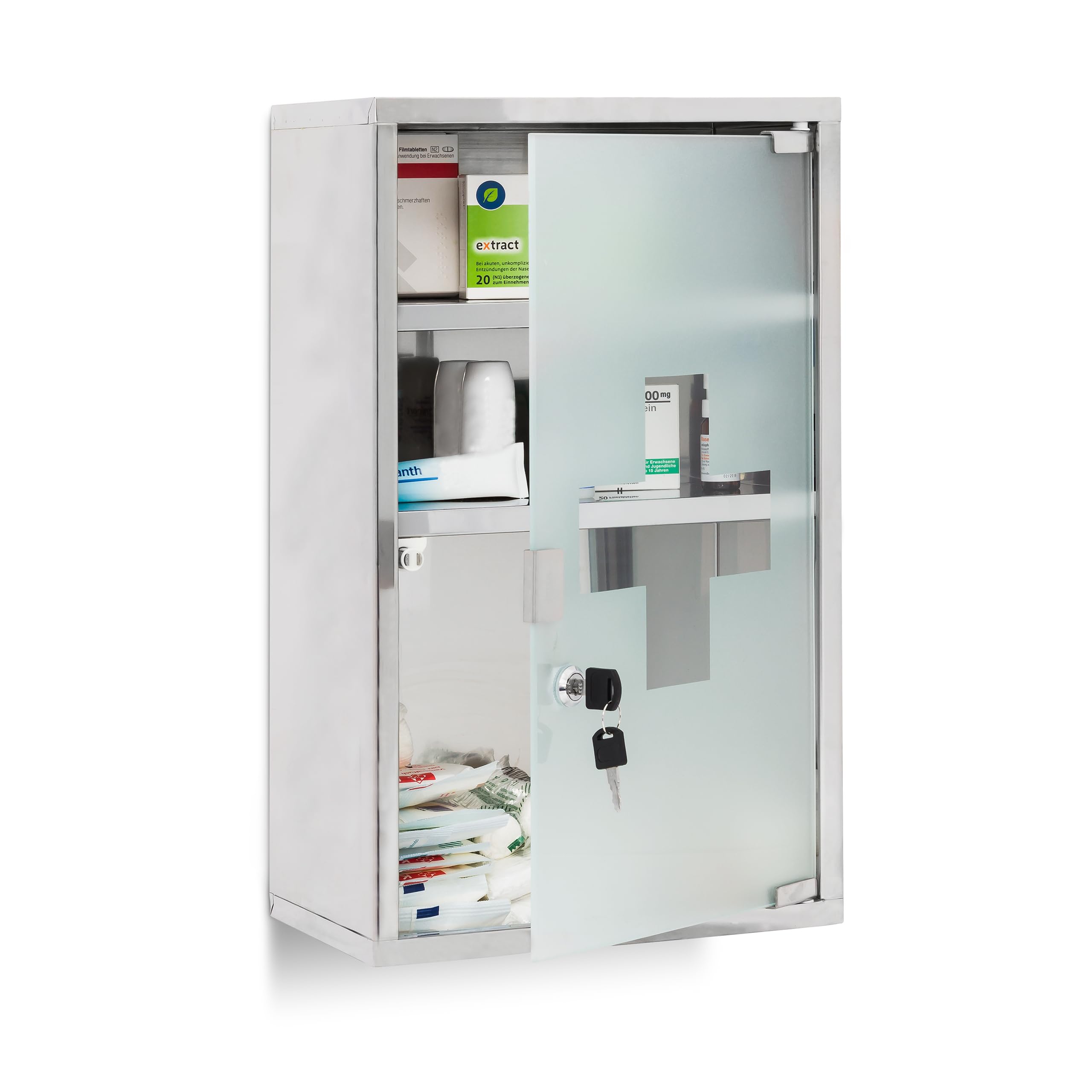Relaxdays EMERGENCY Medicine Cabinet XL, Stainless Steel, 50.5 x 30 x 18 cm with 3 Shelves And Glass-Door, Lockable With 2 Keys, Silver