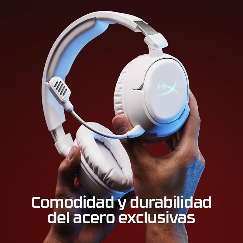 Cloud Flight 2 – Auscultadores de gaming sem fios, luzes RGB personalizáveis, bateria de 100 horas, dual wireless 2,4GHz e Bluetooth, emparelhamento instantâneo, PC/PS/Switch/Mobile, branco
