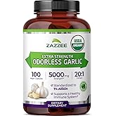 Zazzee USDA Organic Odorless Garlic 20:1 Extract, 1% Allicin, 100 Capsules | Vegan, 3+ Month Supply, Allium Sativum, Immune, Circulation &amp; Heart Health Support, All-Natural, Non-GMO, Made in the USA