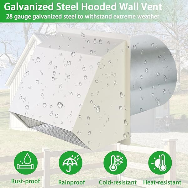 12 INCH HOODED WALL VENT WITH SCREEN AND DAMPER, OUTDOOR WALL EXHAUST VENT COVER CAP FOR DUCT DRYER RANGE HOOD EXTERIOR HEATING COOLING VENTILATION AND OUTSIDE AIR EXHAUST, GALVANIZED STEEL, WHITE