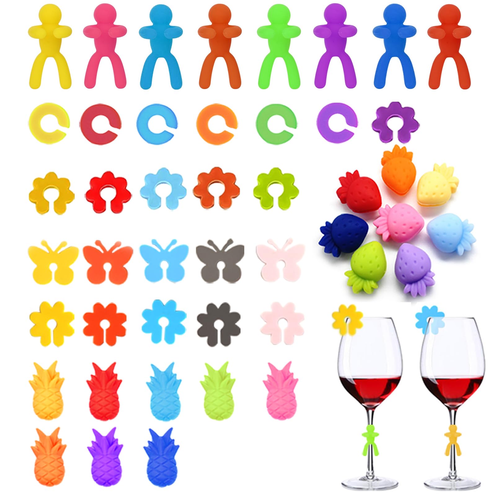 BSITSSS 46PCS Wine Glass Charms Drink Markers Silicone Reuseable Glass Identifier Markers Tag for Identification and Decoration of Drinks at Party