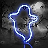 Neon Ghost Sign LED Neon Light Halloween Decoration Ghost Indoor Night Light with Battery or USB Power for Bedroom Birthday Party Wedding Blue