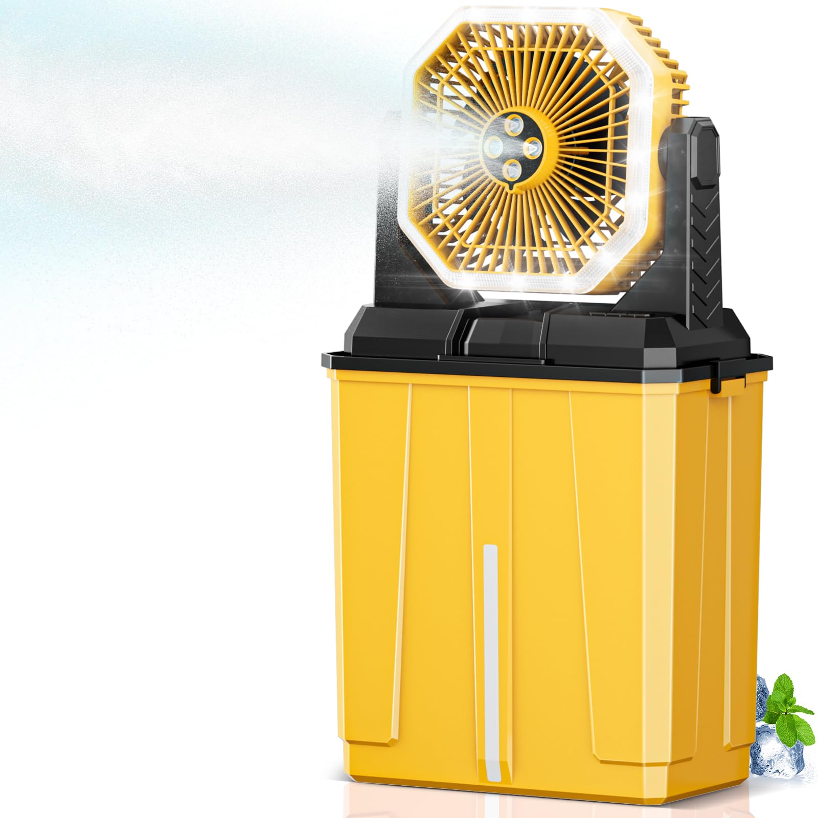 Photo 1 of Portable Misting Fan, 24000mAh Rechargeable Outdoor Cooler, Battery Operated Personal Fan with3 Speeds & 8L Bucket for Patio, Camping,Hiking, Backyard, Travel, Desk,Pool, Beach, Yellow