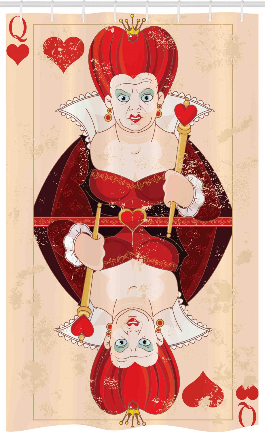 ABAKUHAUS Fairytale Stall Shower Curtain, Queen Cards, Fabric Bathroom Decor Set with Hooks, 47" x 70", Red Brown Ecru