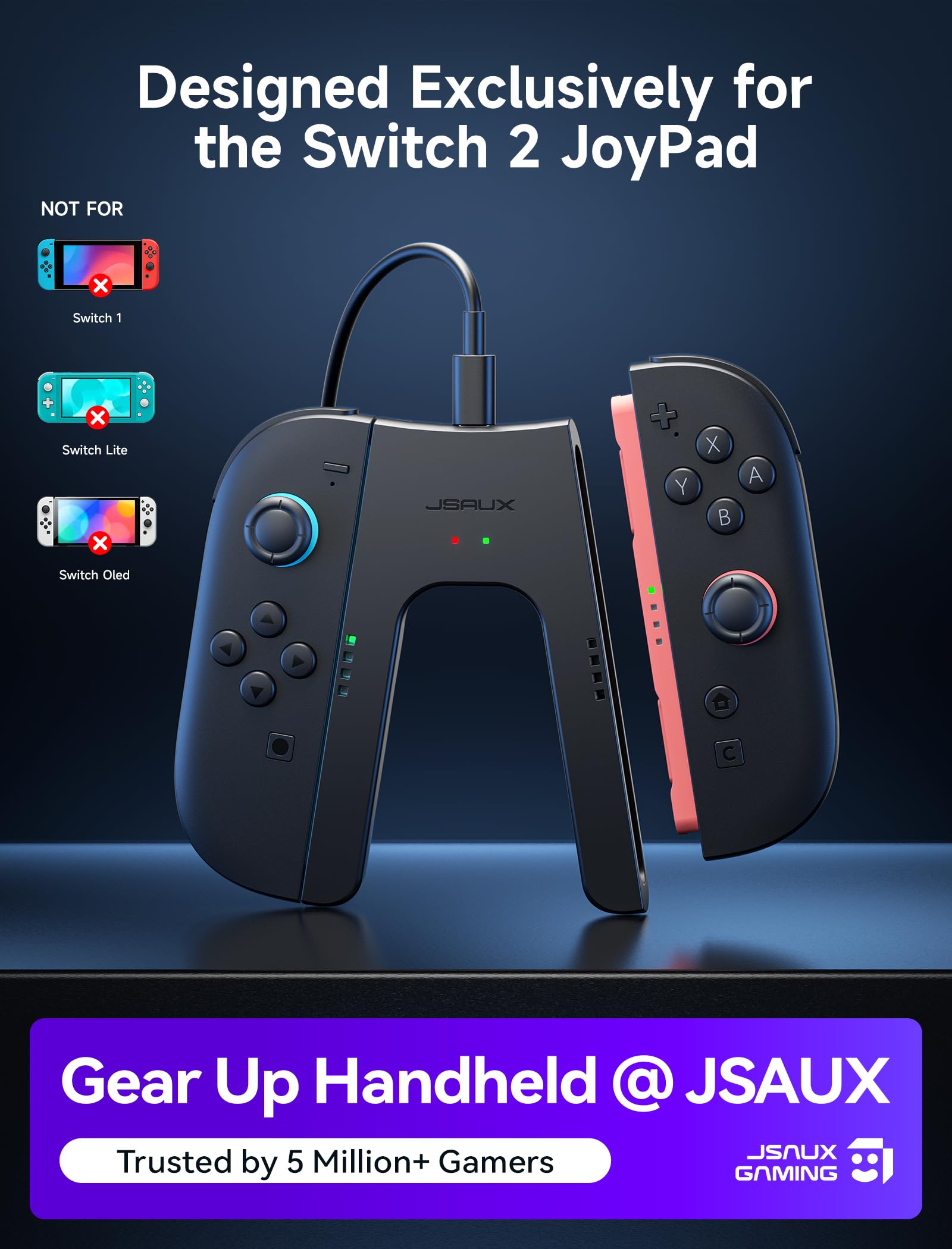 JSAUX Switch 2 Ladegriff, Magnetischer Griffcontroller kompatibel mit Switch 2 Joypads, Spielen während des Ladevorgangs mit LED-Anzeige & 1,5 m/4,9 ft Ladekabel – Schwarz 2
