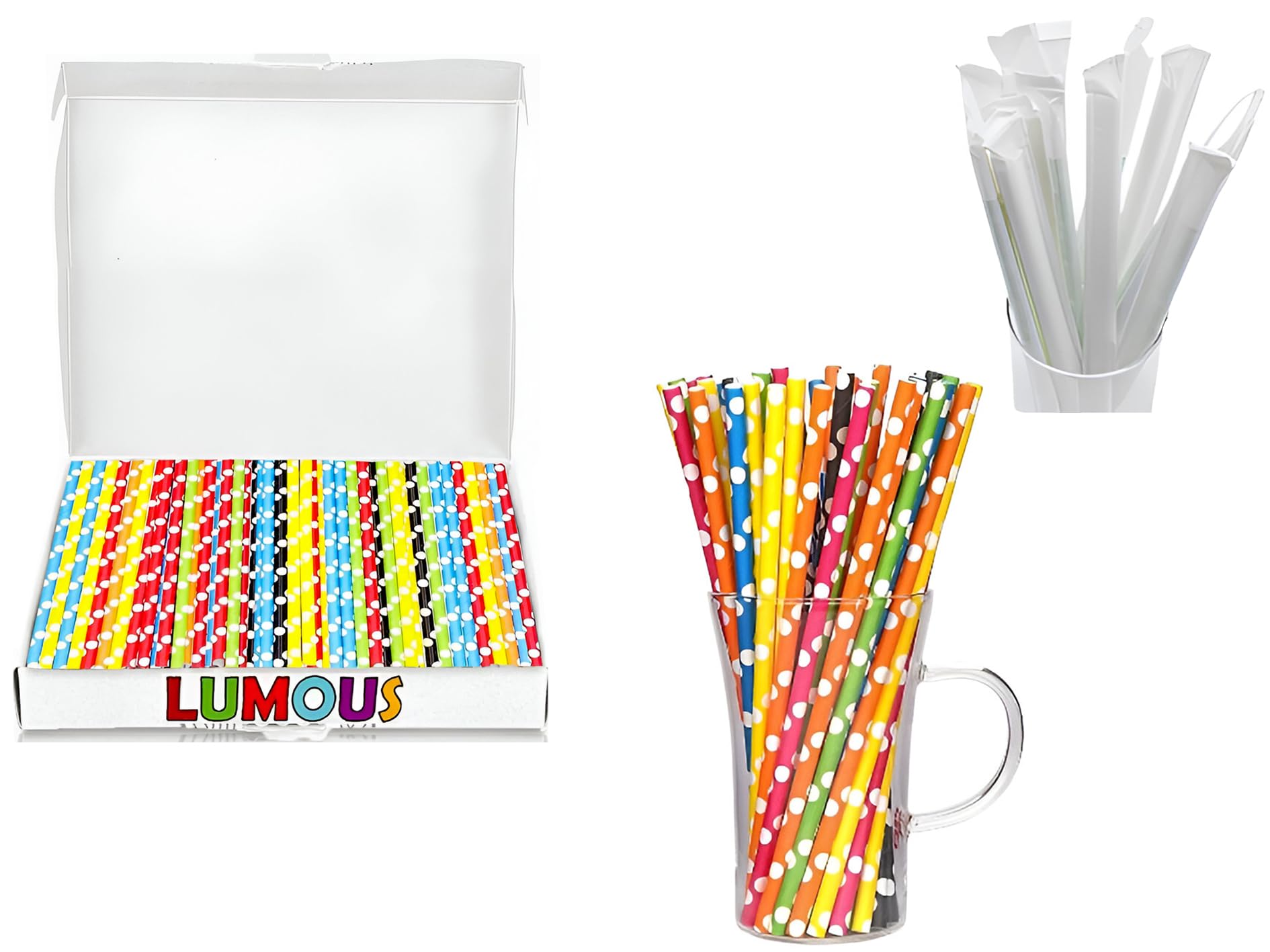 LMS Paper Straws 150 Pack, Paper Drinking Straws Bio Degradable Drinking Paper Straws Wedding Party, Party Straws, Restaurant, Juice Drinking Straws (Individual WRAP Polka DOTS 150 Pcs)