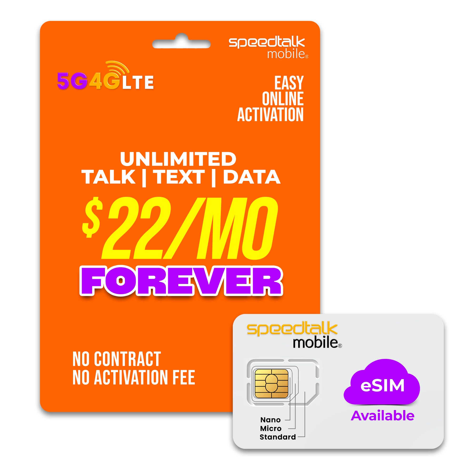 SpeedTalk Mobile Pre-Paid eSIM and SIM Card Starter Kit – No Contract Wireless Plans $5mo Talk Text Data Unlimited Plans - Cellphone 5G 4G LTE Apple iPhone, Android Smart Phones