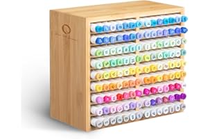 Ohuhu Bamboo Marker Organizer, Wooden Desktop Storage Hold 126 Markers, Pens, Pencils, Art Brushes Stationary Organizer Pencil Holder with 18 Compartments for Home, Classroom, Office Decor
