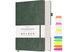 OFFIGIFT Lined Journal Notebook, Large A5 College Ruled Notebook, 312 Numbered Pages Work Notebook with Index Stickers, 100gsm Thick Paper, Hardcover Vegan Leather Journal for Women Men School Office, Green