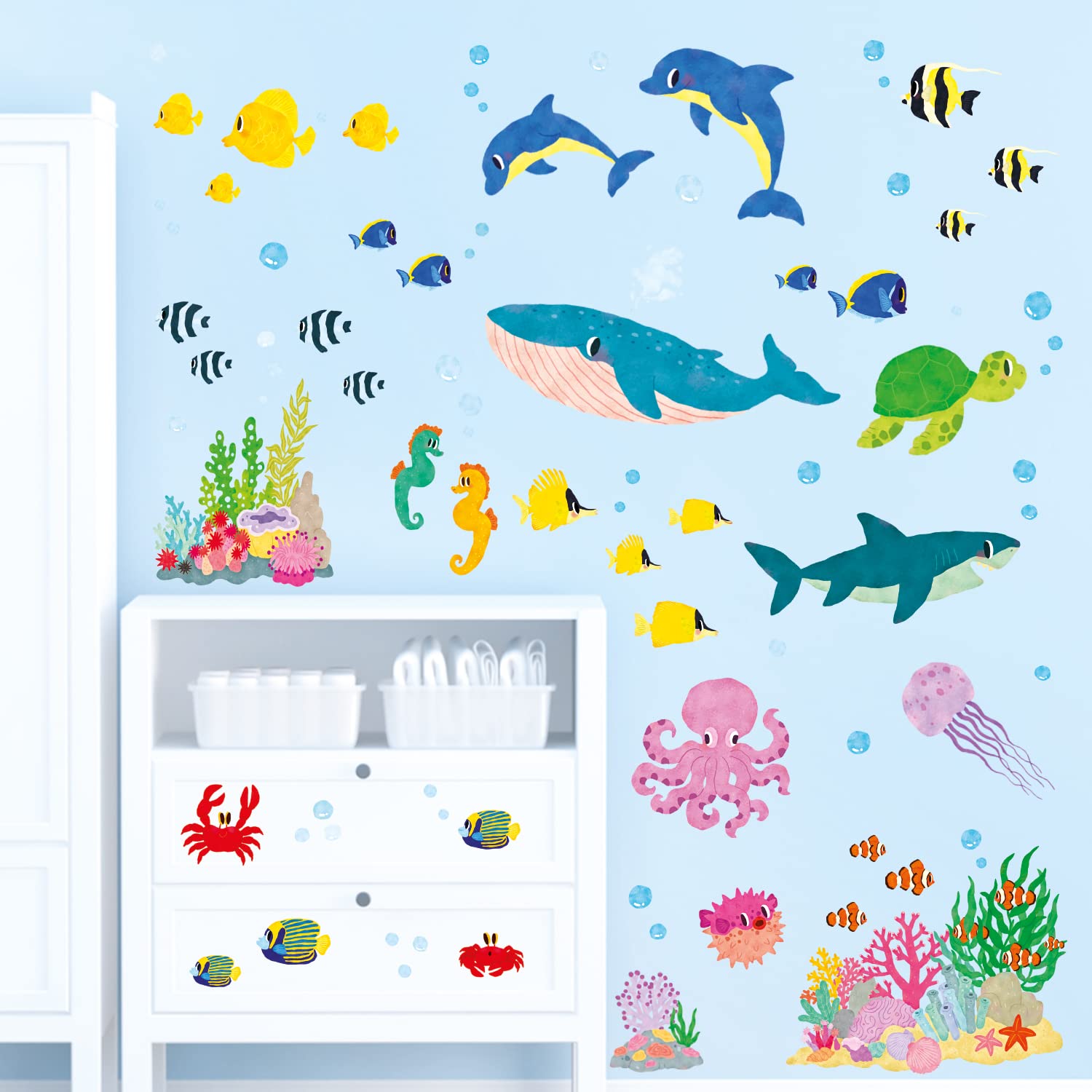 DECOWALL BA-2014S Under The Sea Wall Stickers Ocean Fish Jellyfish Turtle Decals for Kids Baby Nursery Bedroom Bathroom Living Room Art Decor Decoration