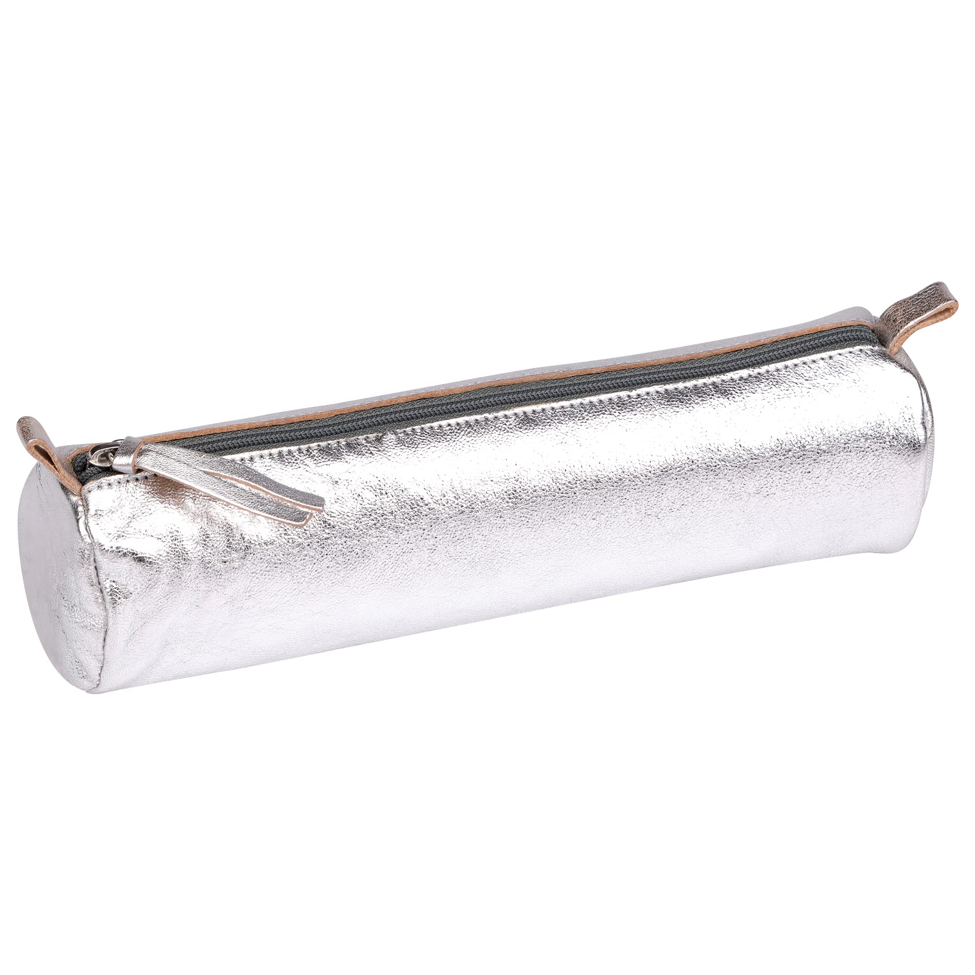 Clairefontaine 8688C - Round School Pencil Case Silvered Iridescent Effect Ø5,5x22 cm in Genuine Lambskin Leather - School Supplies - Pencil Case - Pen Holder