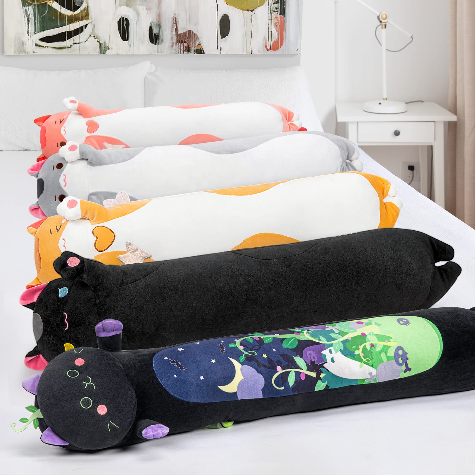 Mewaii 50CM Minzkatze Kuscheltier, Kuscheltiere Kawaii Katzen Plüschkissen, Schwarz Stofftiere Lange Katze Plüschtier Ausgestopftes Tier Spielzeug Kuschelkissen Geschenk 6