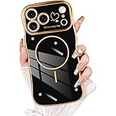 Fiyart Designed for iPhone 17 Pro Max Case 2025, Cute Wave Frame Curly Shape Love Hearts Plating for Women Girls Camera Protection Compatible with MagSafe Magnetic Shockproof Bumper 6.9"-Black
