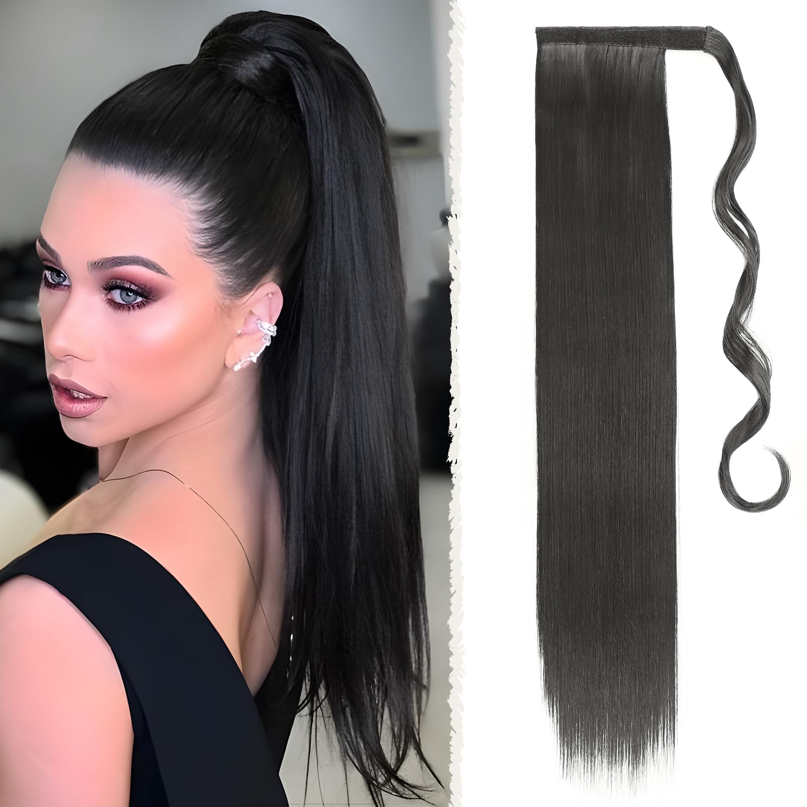 Benehair Straight Ponytail Extension 26 Inches Long Wrap Around Drawstring Ponytail Synthetic Hair Extension Ponytail Hairpieces Natural Black Hair Pieces for Women(Natural Black, 100g)