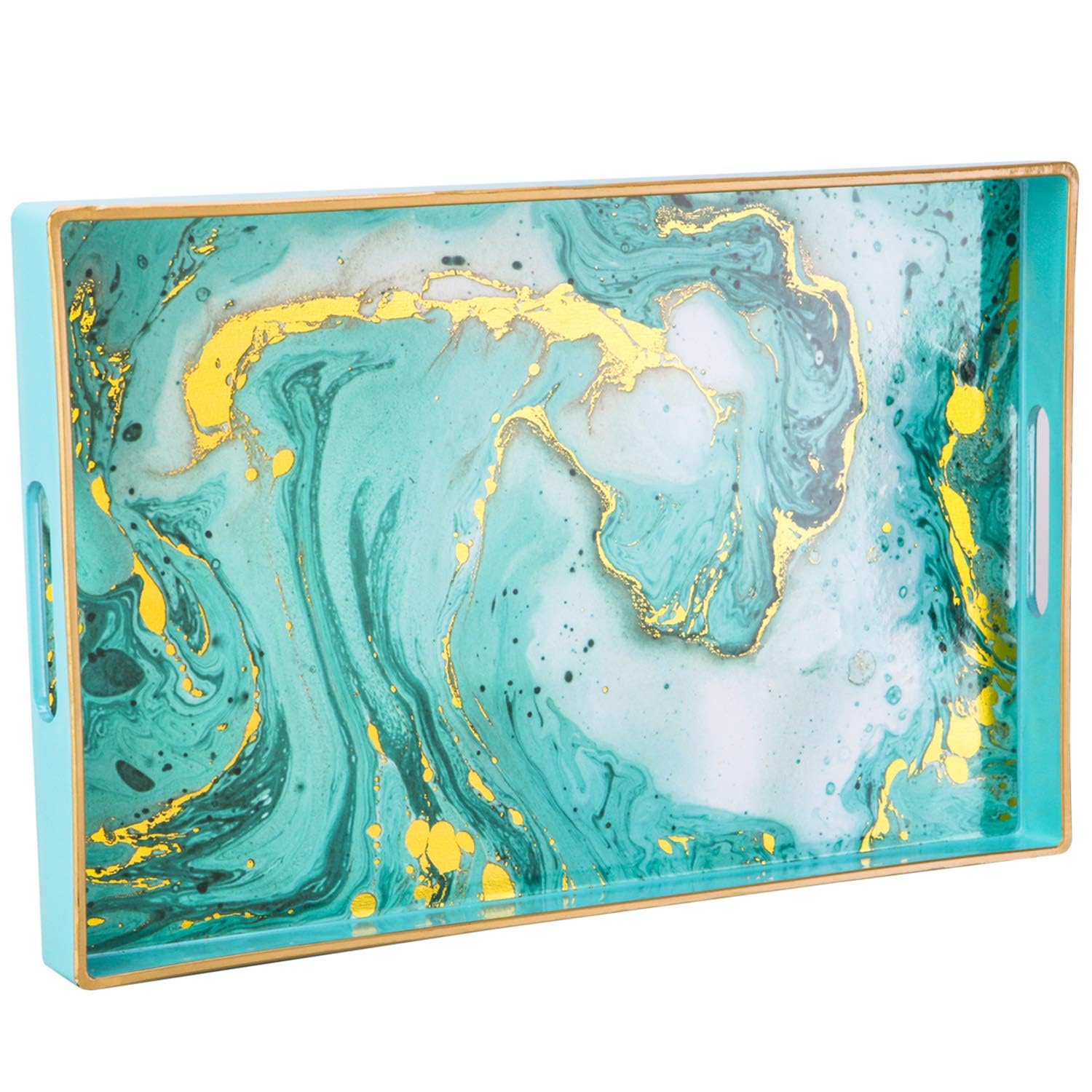 Simmer Stone Decorative Tray, Marbling Plastic With Handles, Rectangular Vanity And Serving For Bathroom, Kitchen, Ottoman And Coffee Table, 15.6” x 10.2” (Marbling Green Blue)