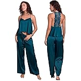 silkola Women's Satin Pajama Set Lace Back Cami Top and Wide Leg Pants 2 Piece Sleepwear Loungewear Set
