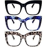 REAVEE 3 Pack Oversized Reading Glasses for Women Thick Large Frame Blue Light Blocking Stylish Computer Readers Spring Hinge