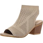 Peep Toe Booties for Women Open Toe Heeled Sandals Knit Cutout Chunky Block Heel Breathable Fashion Shoes US5-11