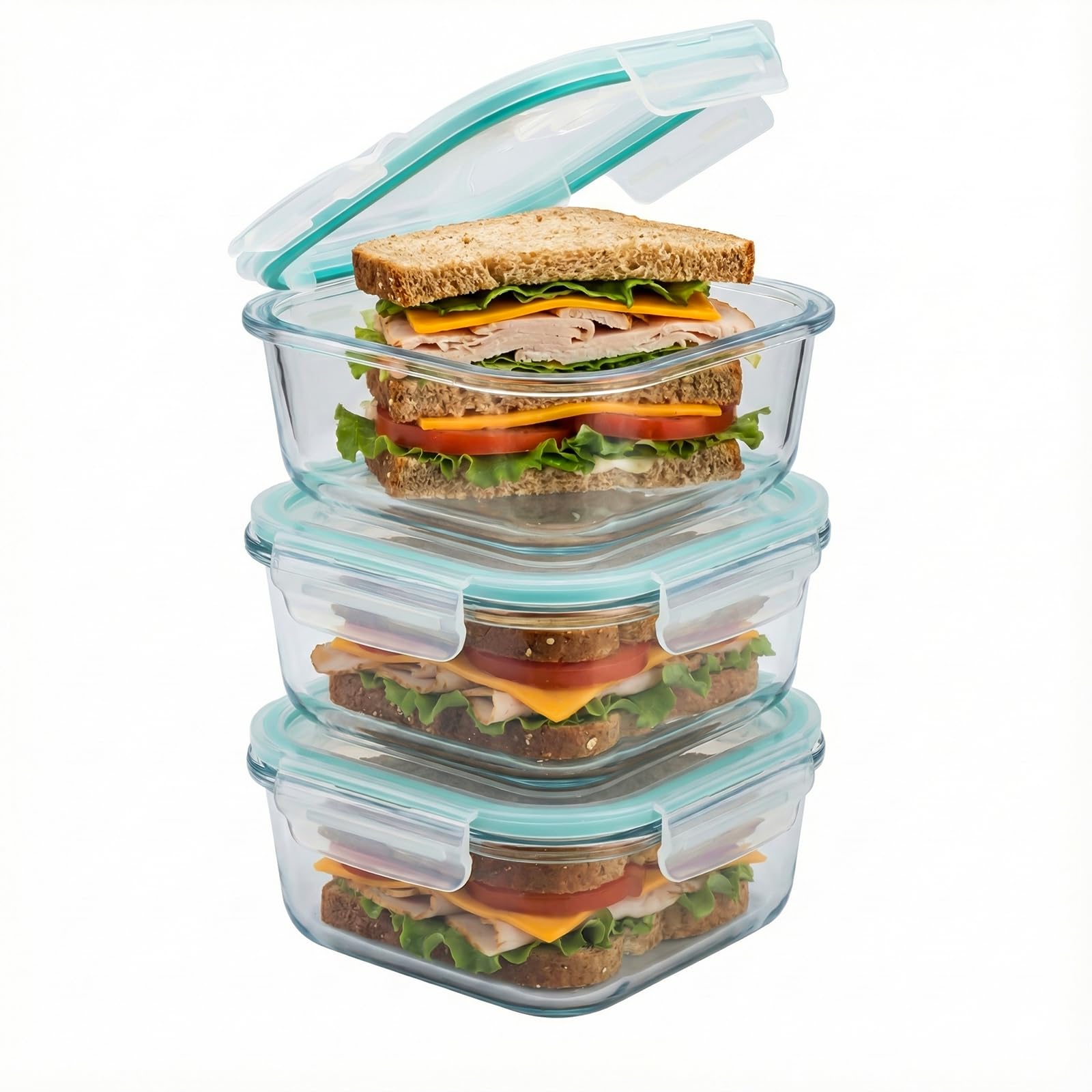 Photo 1 of ***PARTIAL SET - PRICE ADJUSTED***3 Pack Glass Sandwich Containers with Lids, 27 oz Reusable Glass Food Storage Containers, Airtight Lid with Vent, No Leak, Microwave and Freezer-Safe, Perfect for Work, Meal Prep and Everyday Storage