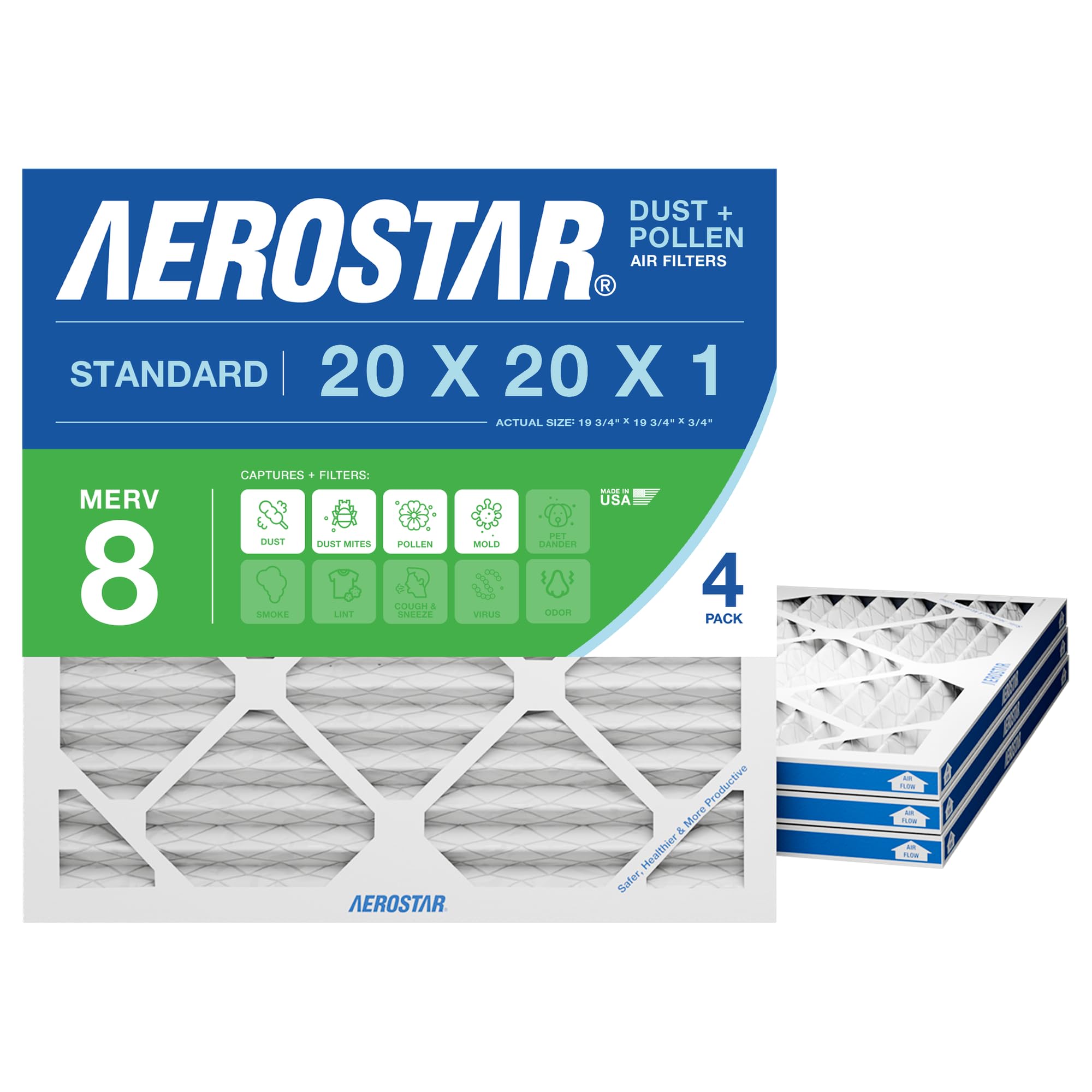 Aerostar Air Filter 20x20x1 MERV 8 AC Filter, HVAC, Furnace Filter, 4 Pack