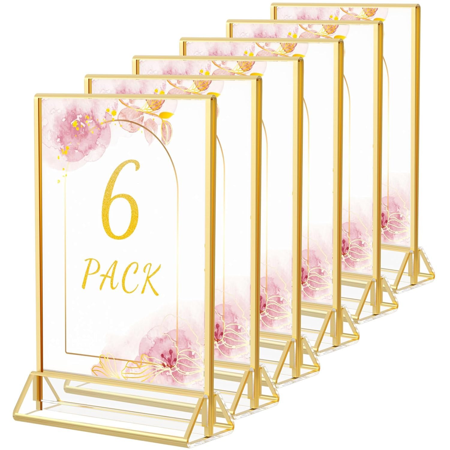 HIIMIEI 6Pack A5 Clear Acrylic Sign Holder with Gold Borders and Vertical Stand, Double Sided Table Menu Holders Picture Frames for Wedding Table Numbers, Restaurant Signs, Photos and Art Display