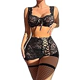 Foxiny Sexy Floral Lace Bodycon Underwire Stocking Lingerie Set 4 Piece