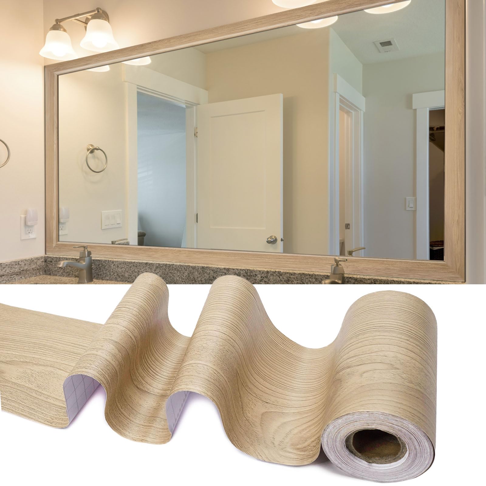 Photo 1 of WADILE 32ft x 3.94" 3D Wood Grain Wallpaper Border Mirror Frame Removable Waterproof, Peel and Stick Wall Paper Border Decor Self Adhesive, Kitchen Bathroom Sticker, Reddish Brown
