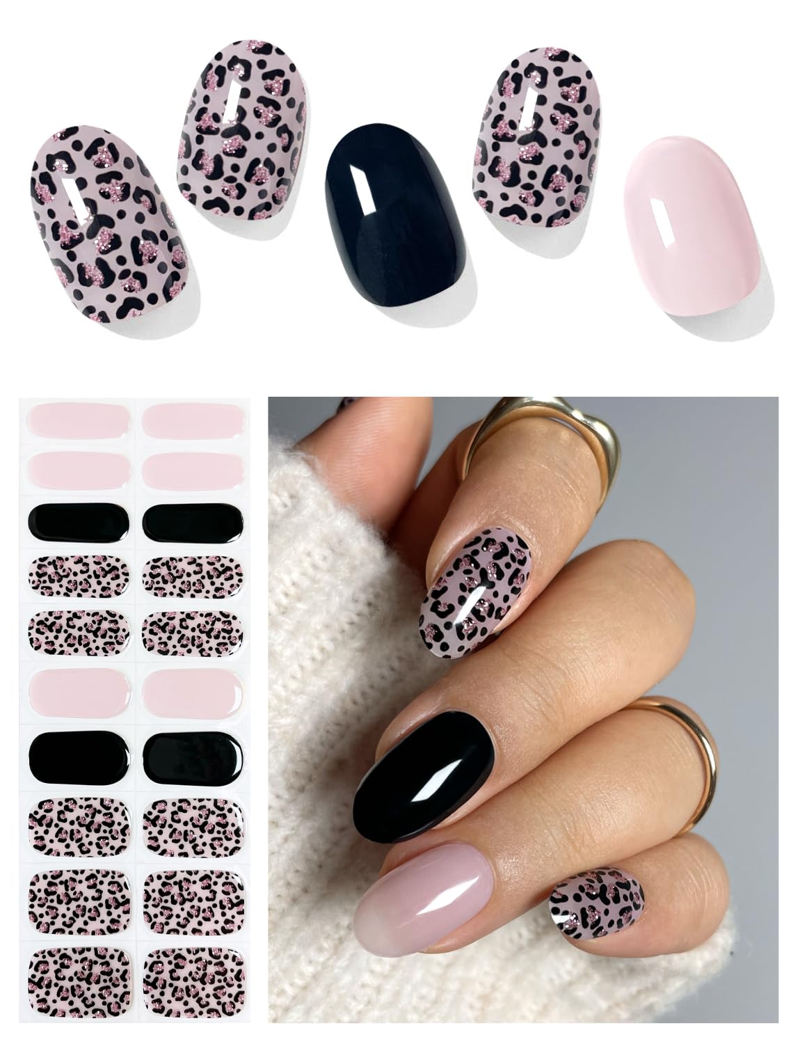 AutyaMee Semi Cured Gel Nail Strips (Pink Leopard), 20 Pcs Gel Nail Wraps, Stickers, UV Light Required, Salon Quality, Long Lasting