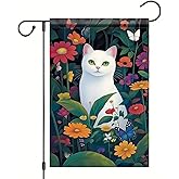 Starlit Patio Spring Summer Garden Flag White Cat Flag 12x18 Inch Double-Sided Floral Butterfly Cute Kitty Yard Banner Outdoor Decor for Porch Lawn Pathway Cat Lover Gift