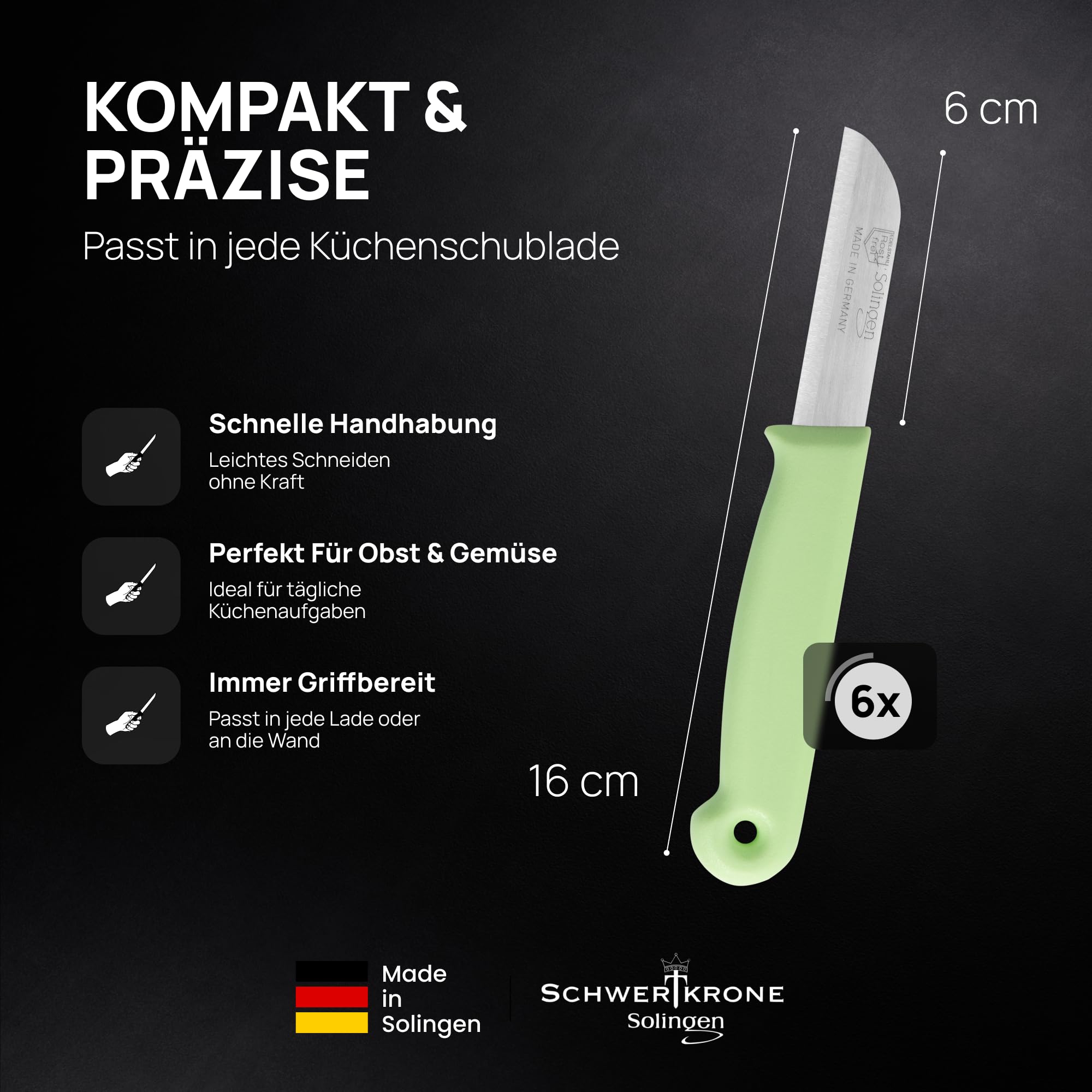 Schwertkrone® Schälmesser 6er Set [MADE IN SOLINGEN - GERMANY] - Gemüsemesser Obstmesser - Küchenmesser klein scharf - Schneidemesser Kartoffelschälmesser - Allzweckmesser (6x bunt - 6cm Klinge) 2
