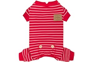 KYEESE Dog Pajamas, Stretchable Velvet Fleece 4 Legs Doggie Jammies, Striped Jumpsuit Pet Onesie, Cozy Outfit Comfortable Dog Clothes, Hair Shedding Cover Pet Sleepwear,Red Striped, Medium