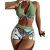 Women Two Piece Swimsuit Bathing Suits Floral Tropical High Waisted Beachwear Board Shorts Halter Tops