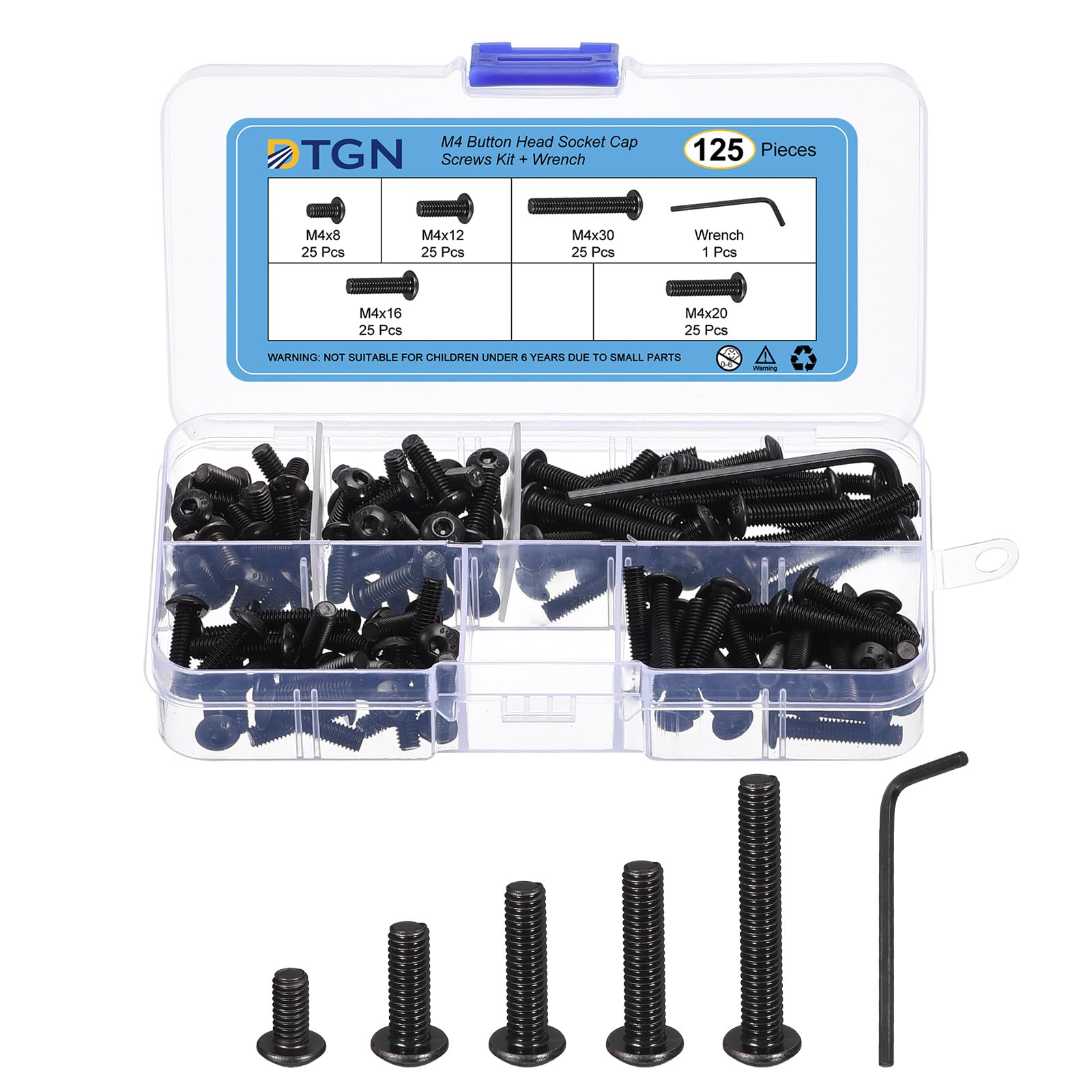 DTGN 125Pcs M4(D) Button Head Socket Cap Screws Kit, 8/12/16/20/30mm(L) Carbon Steel Black Oxide Full Thread Hex Socket Cap Screw Assortment with S2.5 Wrench - Good for Machine