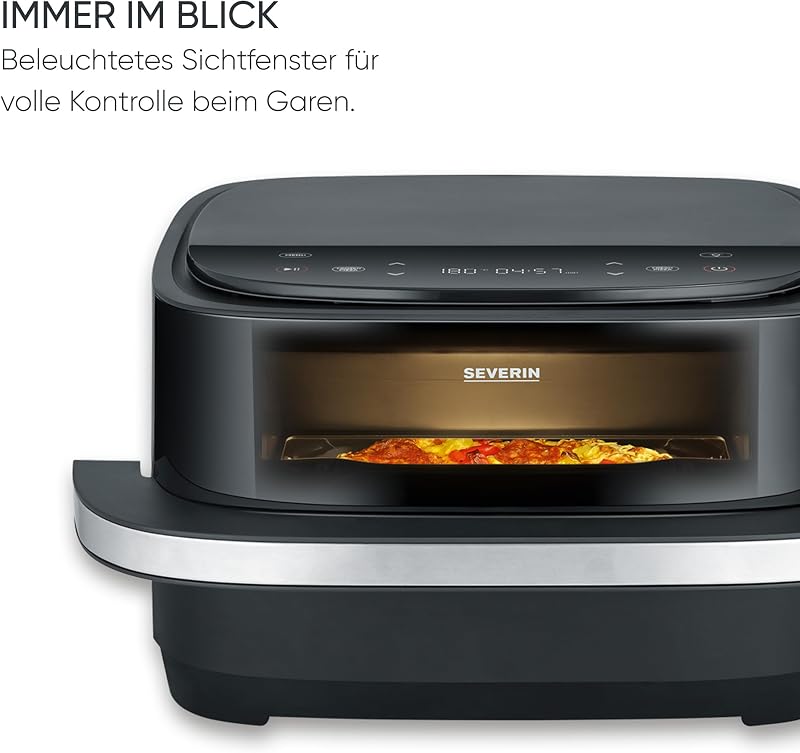 Heißluftfritteuse Pizza & More, Pizzaprogramme, 10 Garprogramme, optimale Wärmeverteilung, extra breite Form, mit Sichtfenster, 4L, 2100W, schwarz, silber, S-Fry, FR 2464