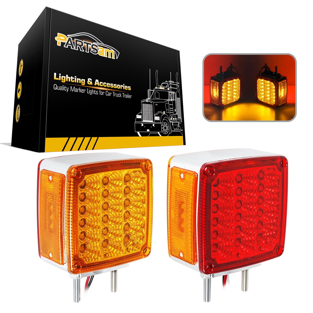 Photo 1 of Partsam 2x Truck Trailer Square Double Face Pedestal Stop Turn Tail Light Amber/Red 39 LED for Trucks