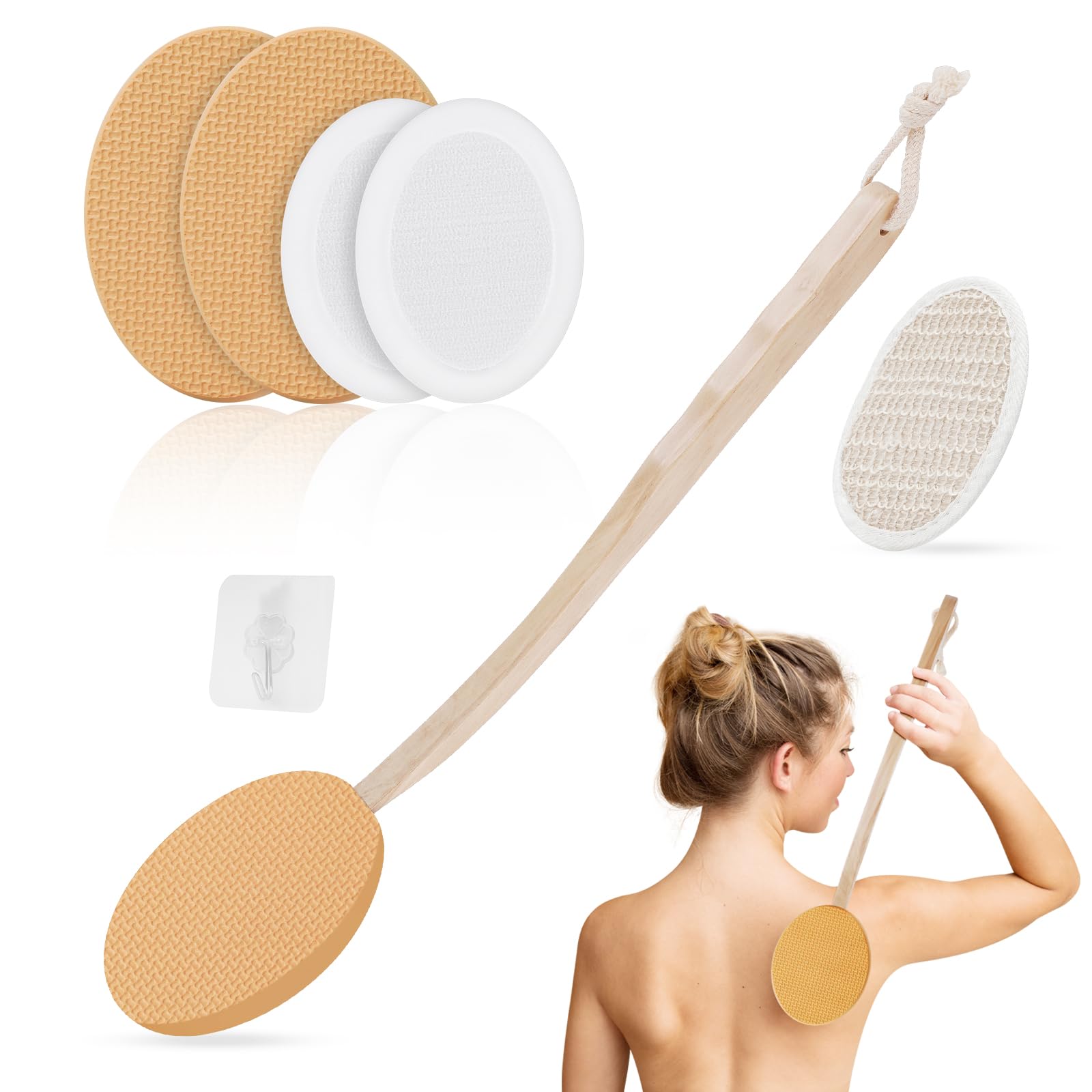 LOPHE Back Cream Applicator - 7 Pack Long Handled Lotion Applicator for Self-Applying, 2 in 1 Body Brush with 4 Pads, Bath Brush and Hook (Skin Color)