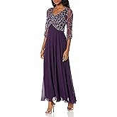 J Kara Women's Petite 3/4 Sleeve Geo Beaded Gown, Wine/Mercury, 10P
