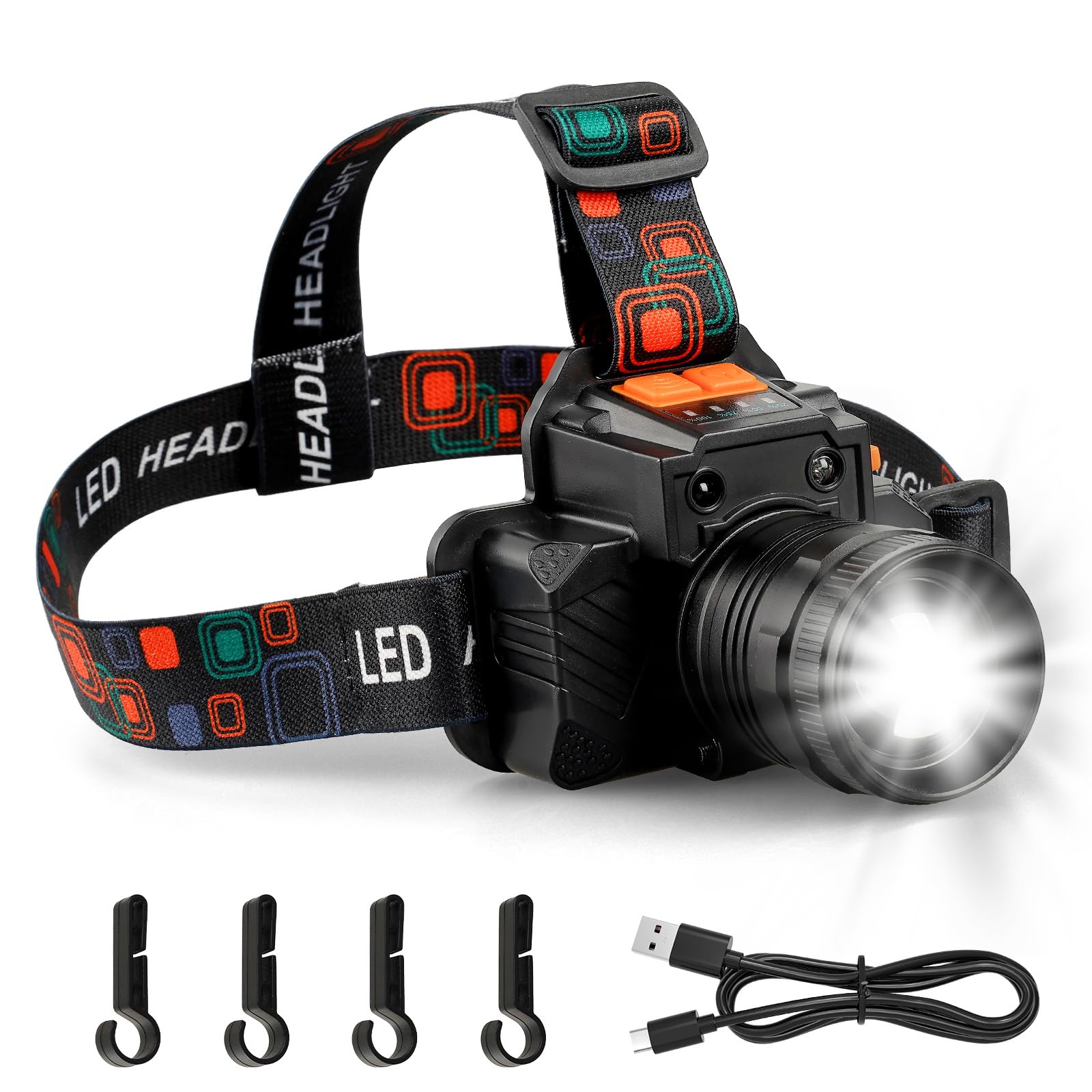 Mustbau Head Torch Rechargeable, LED Super Bright Headlamp,Sensor Headlight with 3 Light Modes,Lightweight, IP31 Waterproof, Zoomable Head Flashlight for Camping,Running, Fishing and Hiking