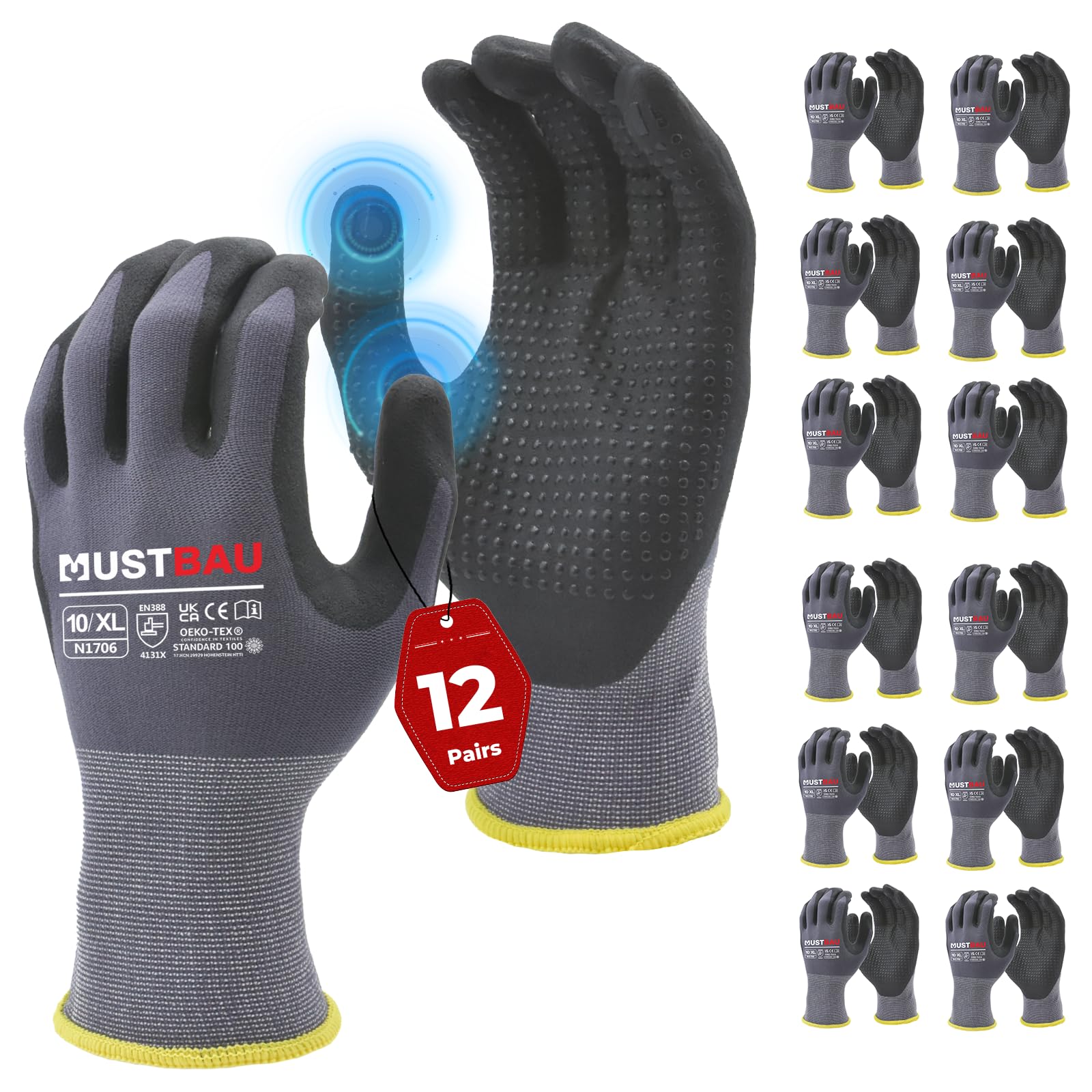 Mustbau 12 Pairs Safety Work Gloves Breathable Nitrile Coated Knit Nylon Protective Gloves, Abrasion Resistant, Dexterity, Touch Screen, for Most Kinds of Jobs - XL