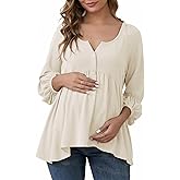 MARI GABRIEL Womens Maternity Empire Waist Tops Babydoll Boho Lantern Sleeve High Low Pleated Long Sleeve Pregnancy Blouse