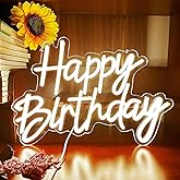 Neon Sign Happy Birthday Wall Decor Night Light for Bedroom Bar Cafe Anniversary Party Banquet Rave Home Decor Backdrop Dimmable Reusable USB Powered 5V Size 17 * 10 * 0.39 Inches (Warm White)