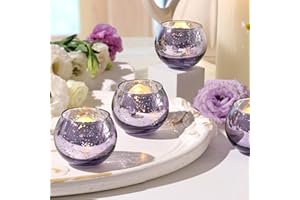 Volens Round Purple Votive Candle Holders Set of 12, Purple Wedding Centerpiece Table Decorations, Mercury Glass Tealight Candle Holder for Bridal Shower, Baby Shower & Home Decor