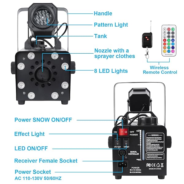 HAKUTA UPGRADED 800W SNOW MACHINE WITH 8 LED RGB LIGHTS, LED PROJECTION, AND 2 WIRELESS REMOTES, PERFECT FOR CHRISTMAS, HALLOWEEN,PARTIES, WEDDING AND DJ STAGE