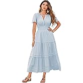 R.Vivimos Womens Summer Cotton Midi Dress 2026 Short Sleeve V Neck Elastic Waist Embroidered Tiered A-Line Long Dresses